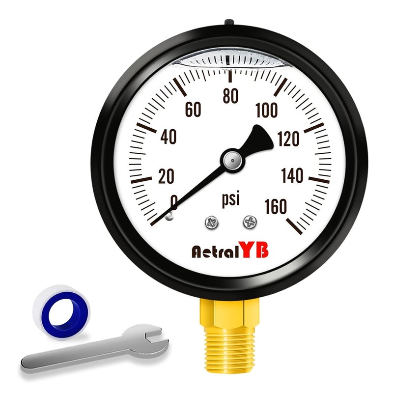 AetralYB 0-160 Psi Pressure Gauge,Stainless Steel Case,Glycerin Liquid Filled, 2.5" Dial Size, 1/4" NPT Lower Mount, IP67 Waterproof,for Water Pump, Air Compressor, Well Pump, RV Regulator - Image 1